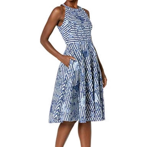 Eliza J * Blue Floral Striped Fit & Flare Halter Dress * Size 8P - Picture 3 of 8
